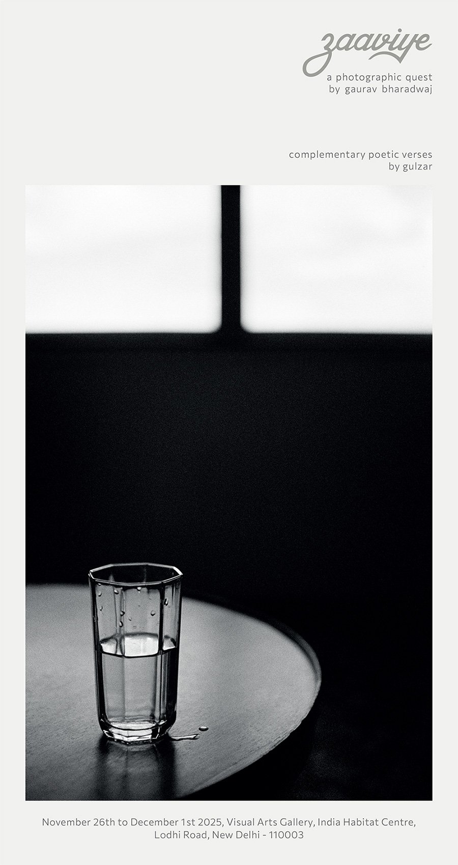 Zaaviye, a solo photography exhibition by Gaurav Bharadwaj, presents 32 B&W images with verses by Gulzar Saab.